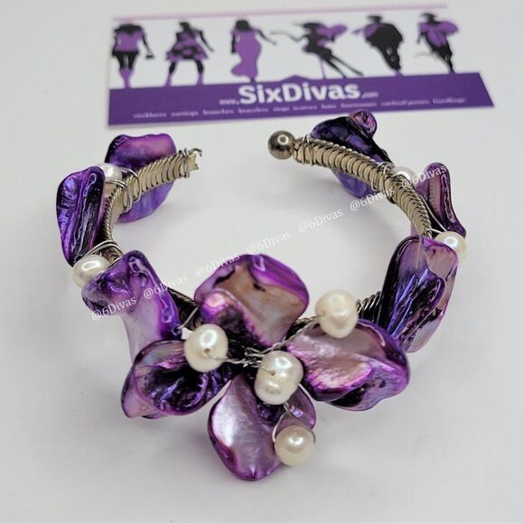 PURPLE Sea Shells and Pearls Floral Cuff Bracelet - Adjustable - Picture 2 of 9